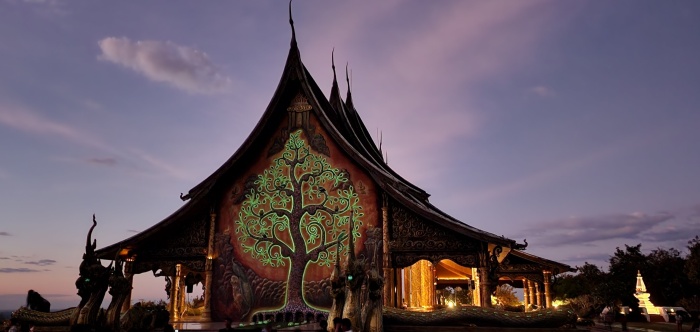 Tempelbild hintere ansicht beleuchterter Lebensbaum am abend